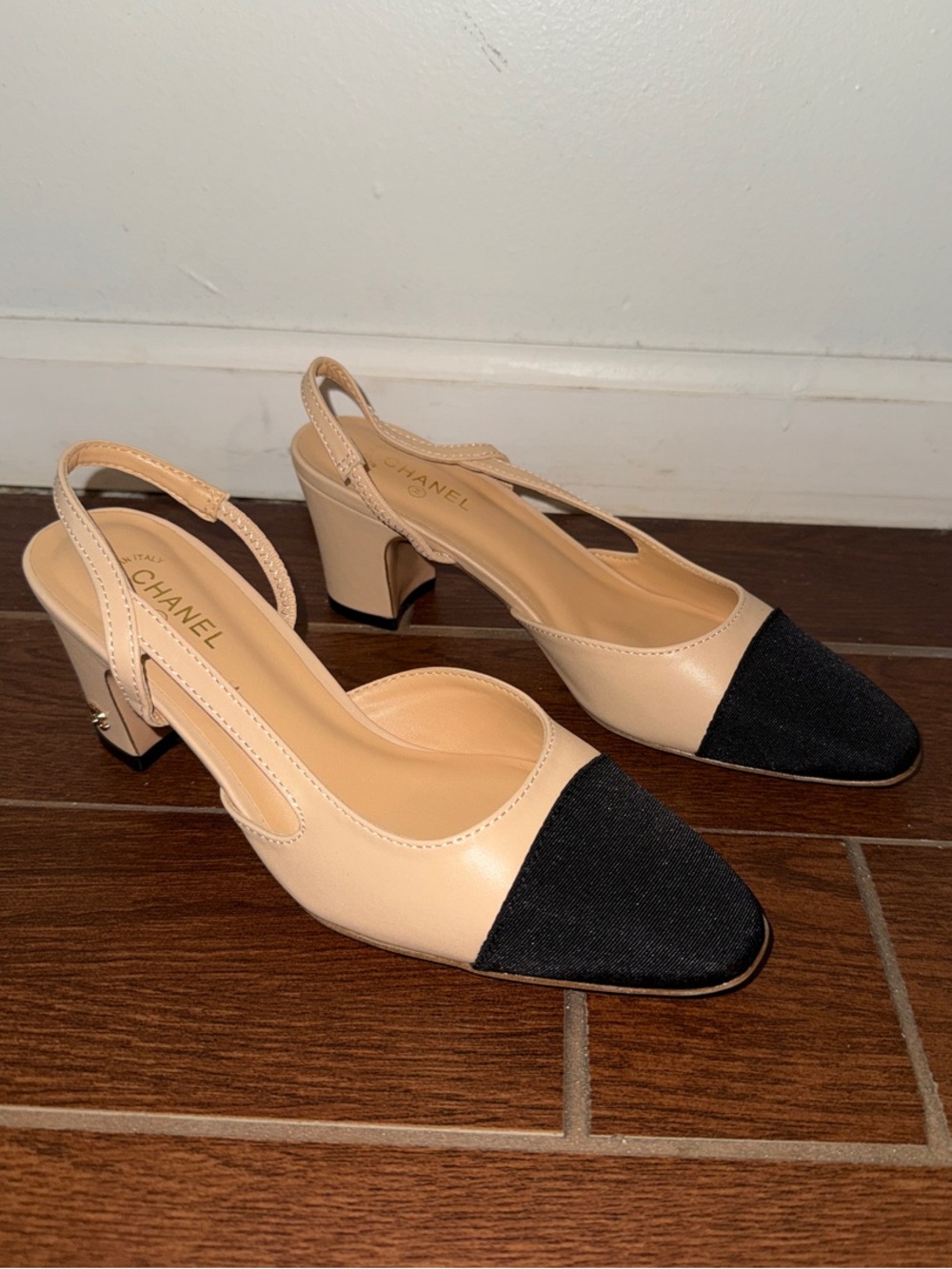 CC Two-Tone Beige and Black Slingback Pumps